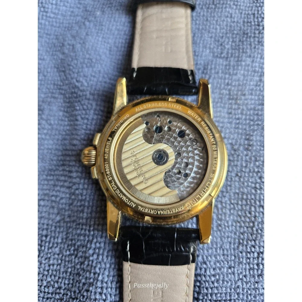 Stuhrling Mens Watch Automatic Dual Time Skeleton Leather ST9S001 40 Jewels